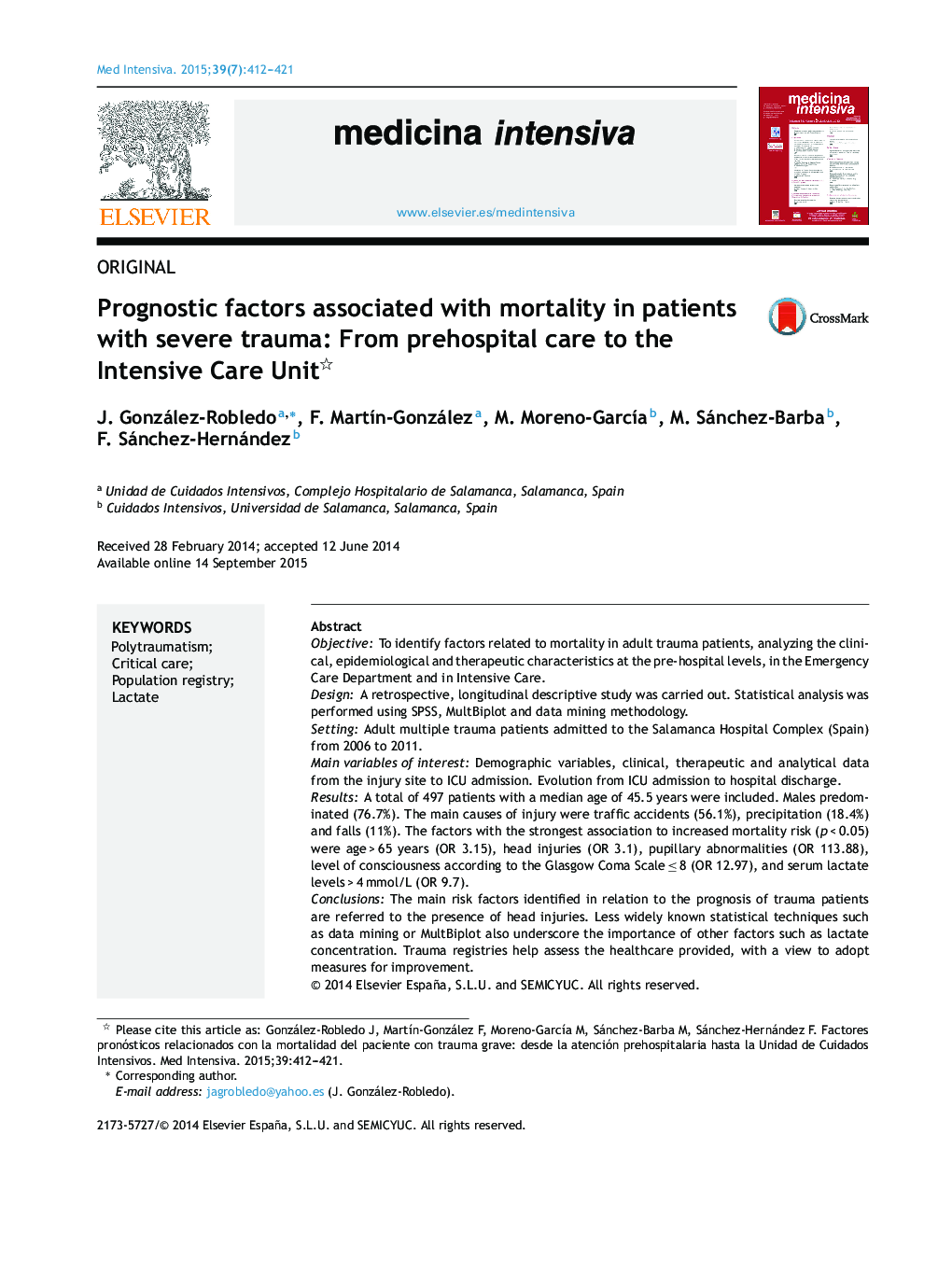 Prognostic factors associated with mortality in patients with severe trauma: From prehospital care to the Intensive Care Unit 