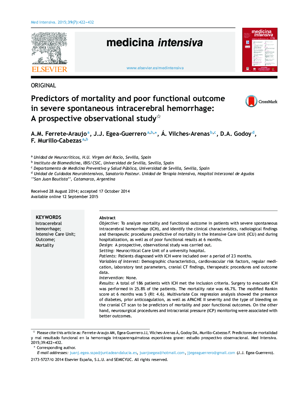 Predictors of mortality and poor functional outcome in severe spontaneous intracerebral hemorrhage: A prospective observational study