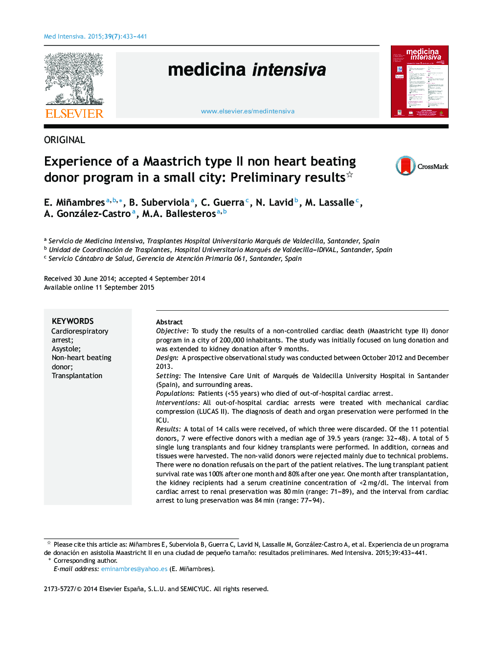 Experience of a Maastrich type II non heart beating donor program in a small city: Preliminary results