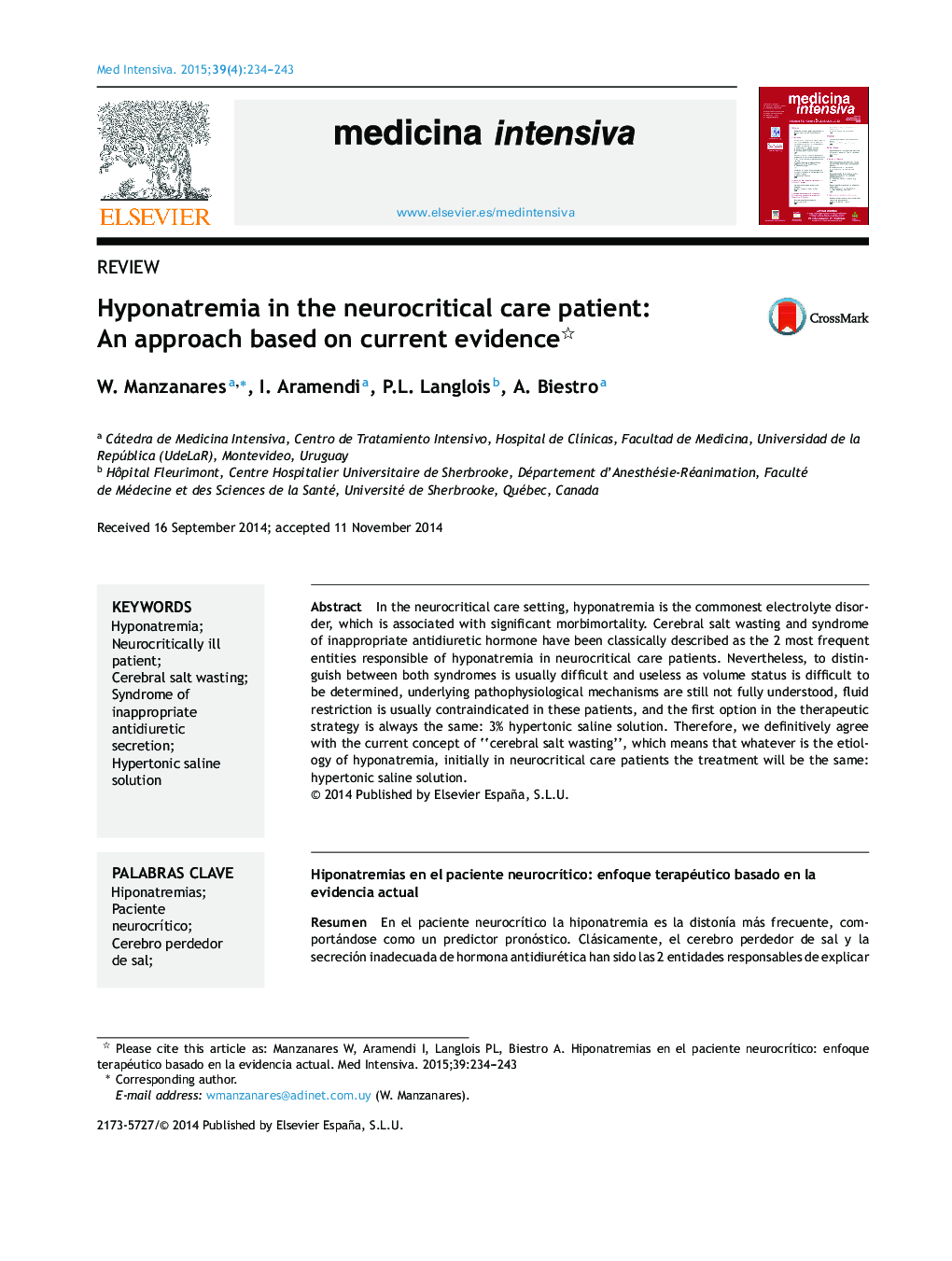 Hyponatremia in the neurocritical care patient: An approach based on current evidence 