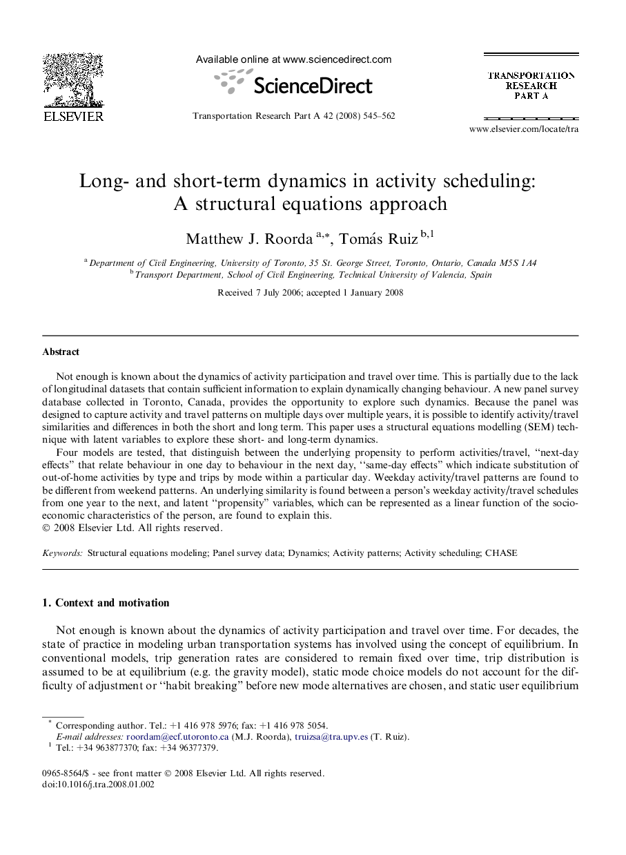 Long- and short-term dynamics in activity scheduling: A structural equations approach