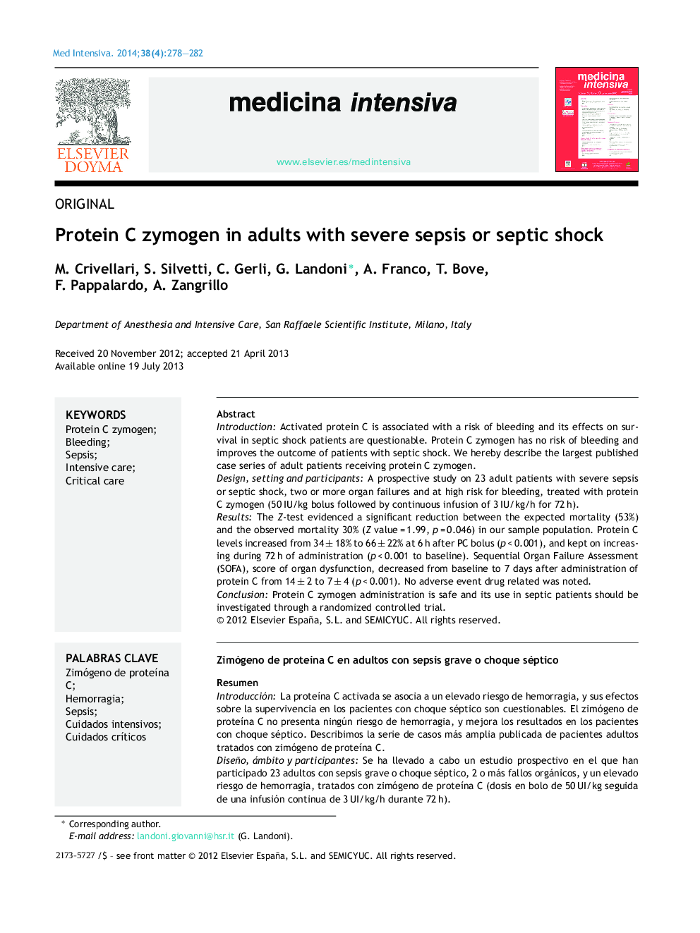 Protein C zymogen in adults with severe sepsis or septic shock