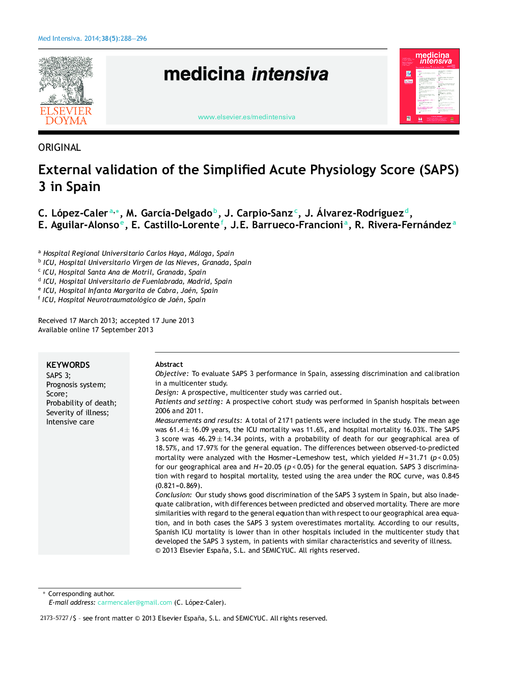 External validation of the Simplified Acute Physiology Score (SAPS) 3 in Spain