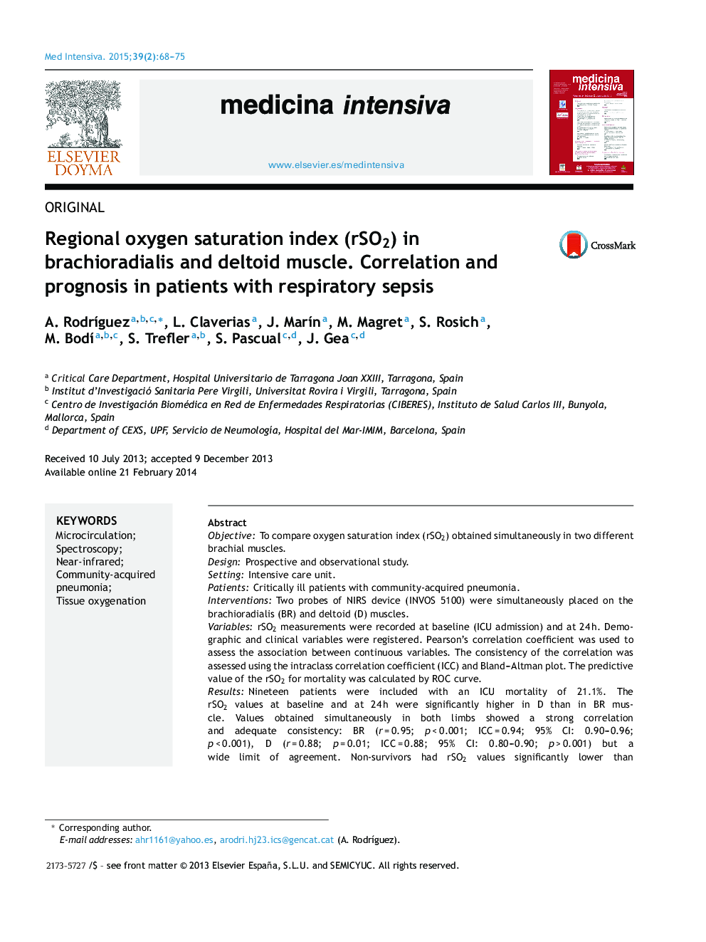 Regional oxygen saturation index (rSO2) in brachioradialis and deltoid muscle. Correlation and prognosis in patients with respiratory sepsis