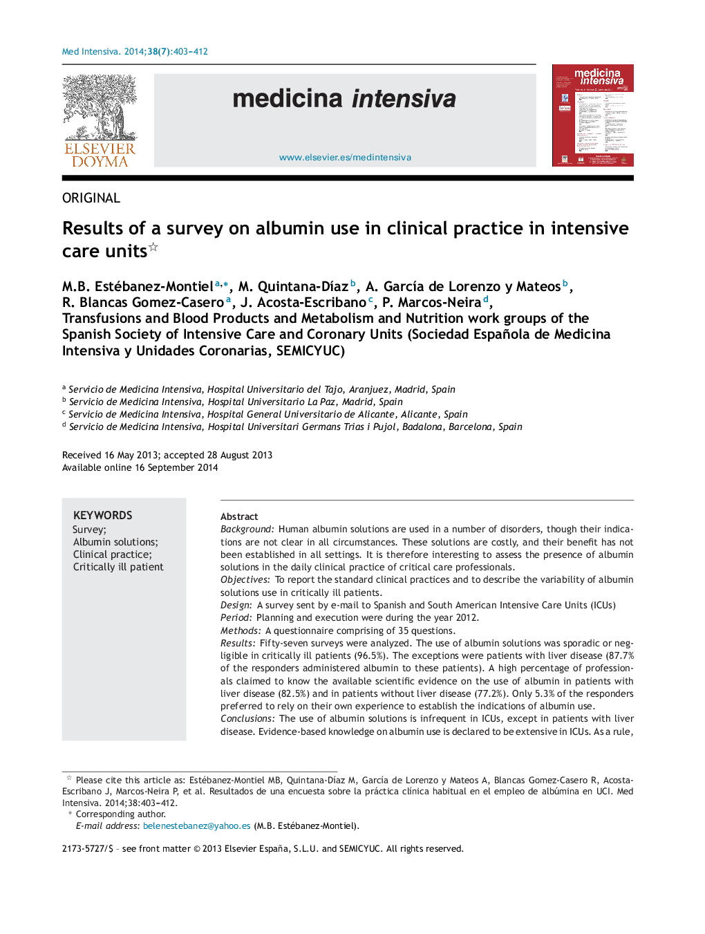 Results of a survey on albumin use in clinical practice in intensive care units 