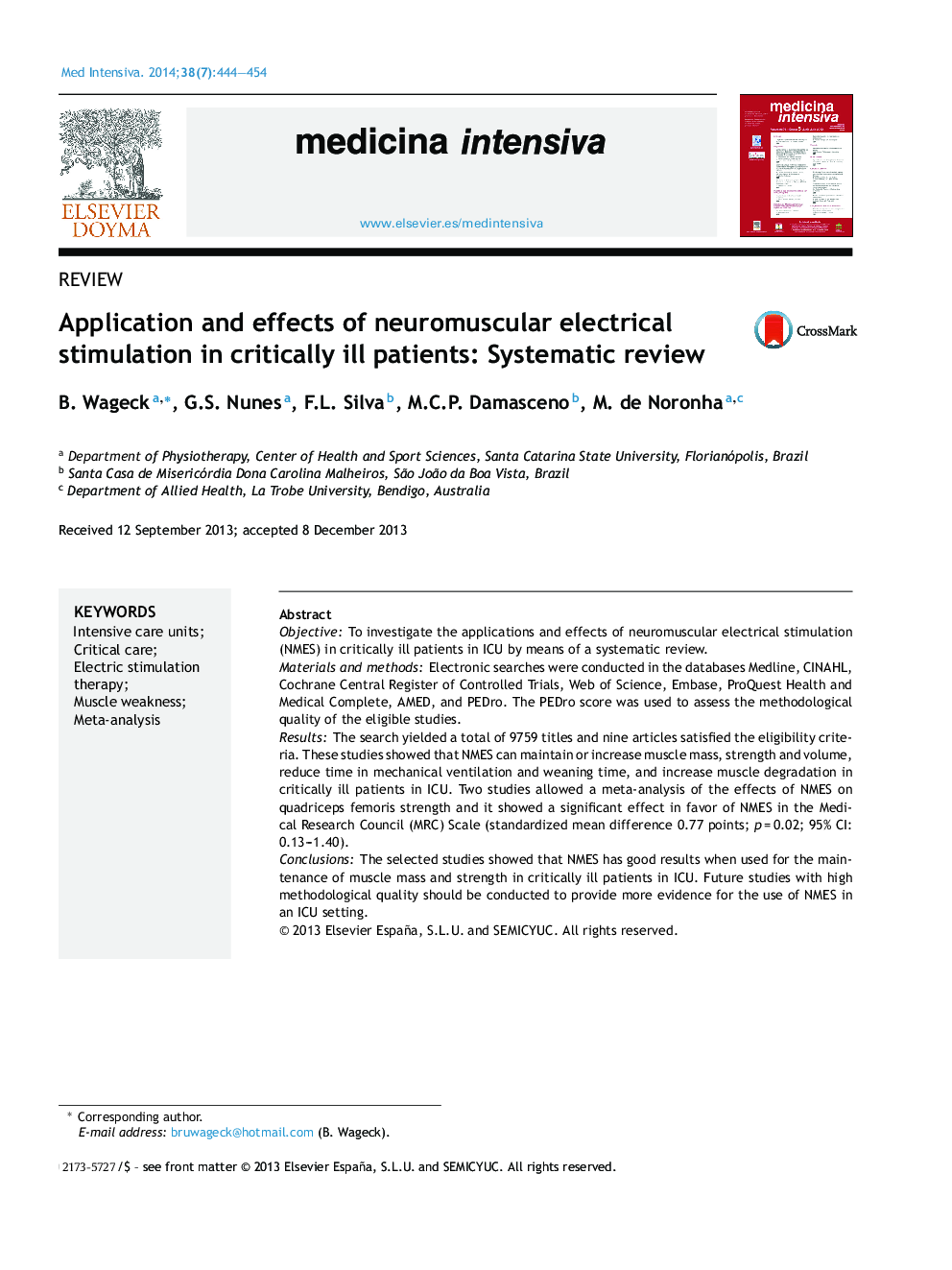 Application and effects of neuromuscular electrical stimulation in critically ill patients: Systematic review