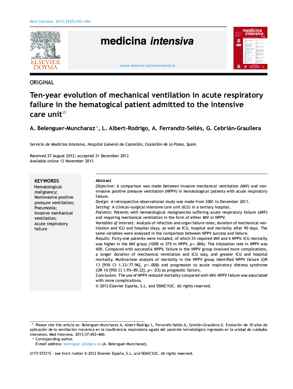Ten-year evolution of mechanical ventilation in acute respiratory failure in the hematogical patient admitted to the intensive care unit 