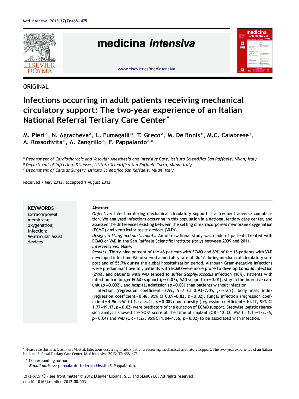 Infections occurring in adult patients receiving mechanical circulatory support: The two-year experience of an Italian National Referral Tertiary Care Center