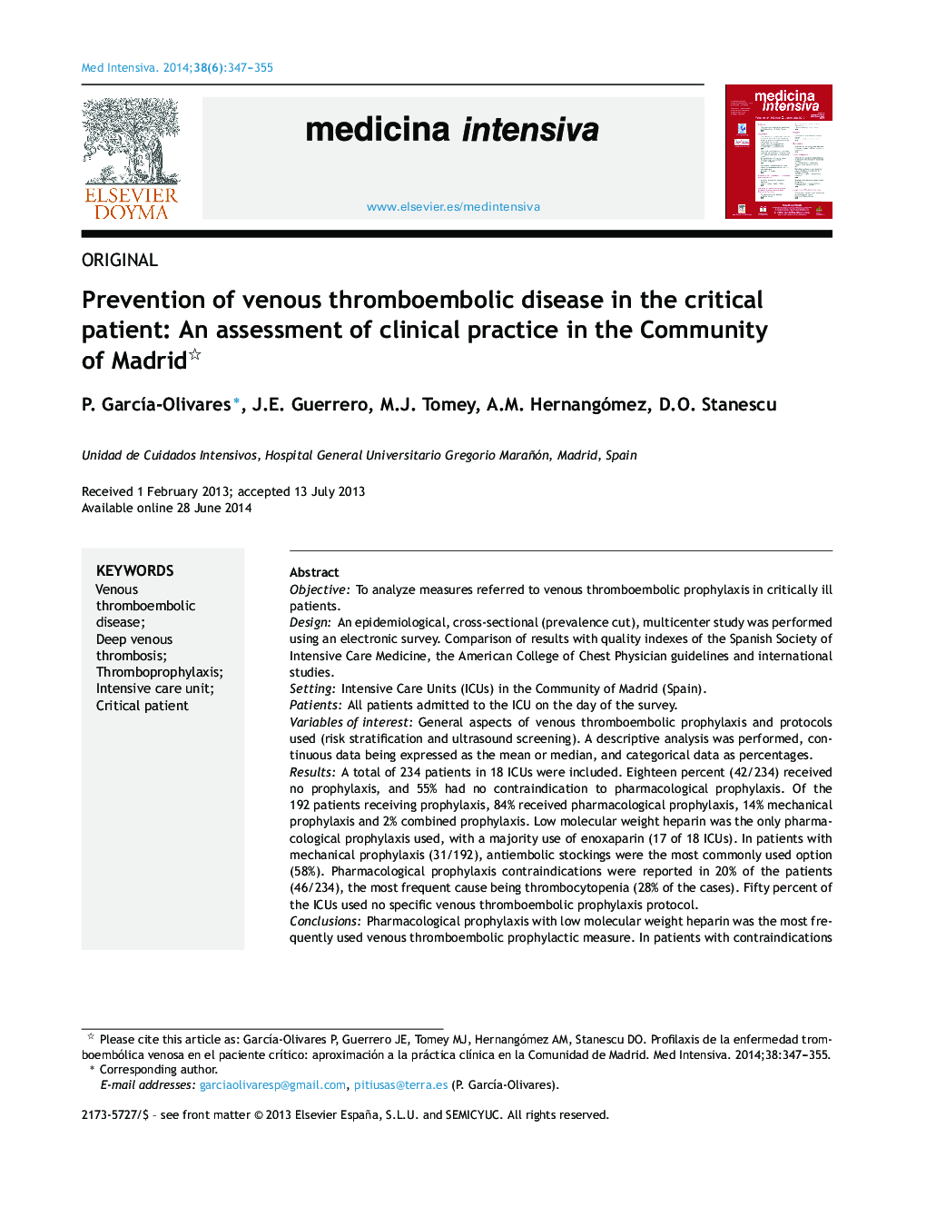 Prevention of venous thromboembolic disease in the critical patient: An assessment of clinical practice in the Community of Madrid 