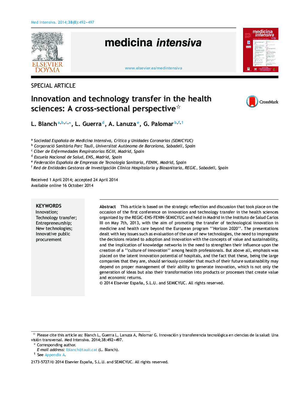 Innovation and technology transfer in the health sciences: A cross-sectional perspective 