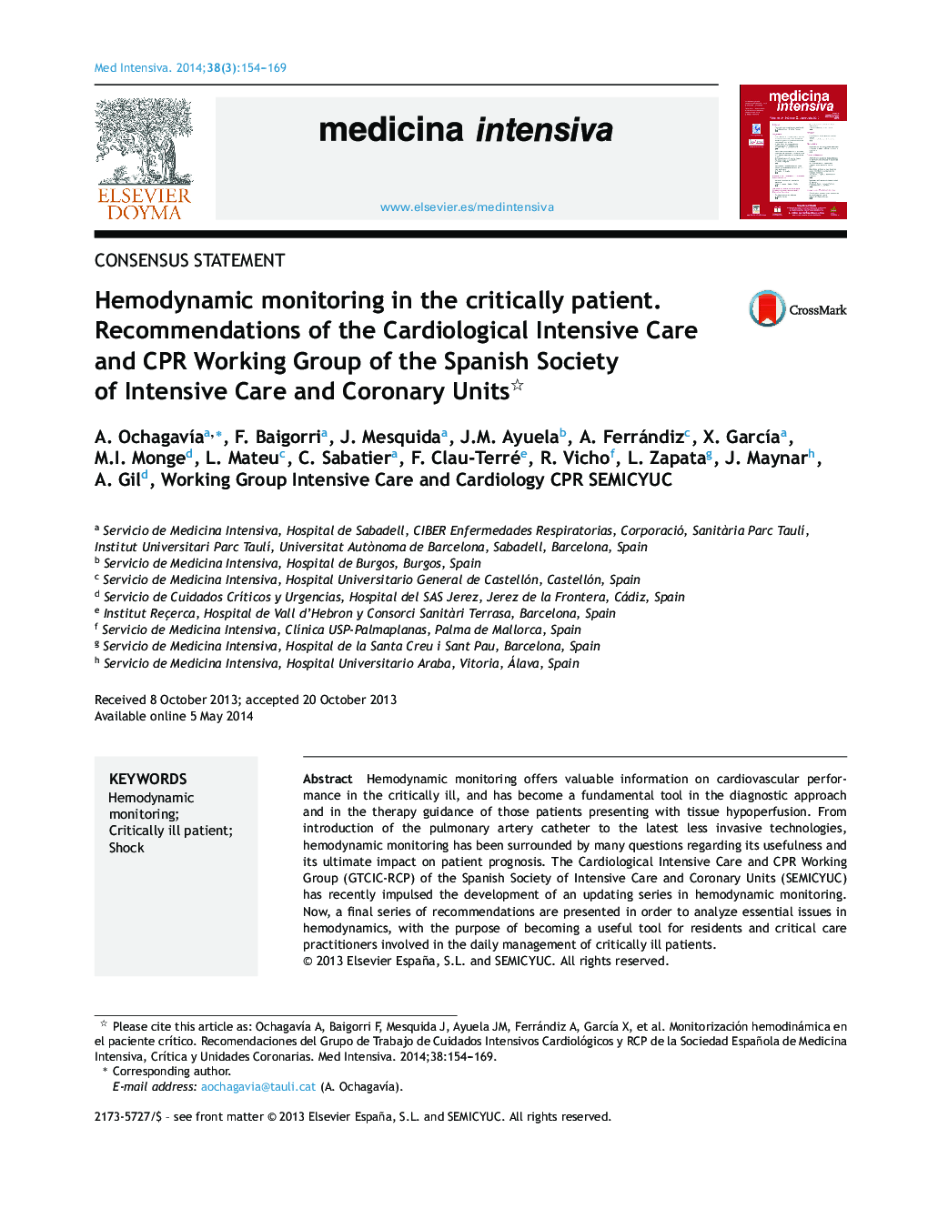 Hemodynamic monitoring in the critically patient. Recommendations of the Cardiological Intensive Care and CPR Working Group of the Spanish Society of Intensive Care and Coronary Units 