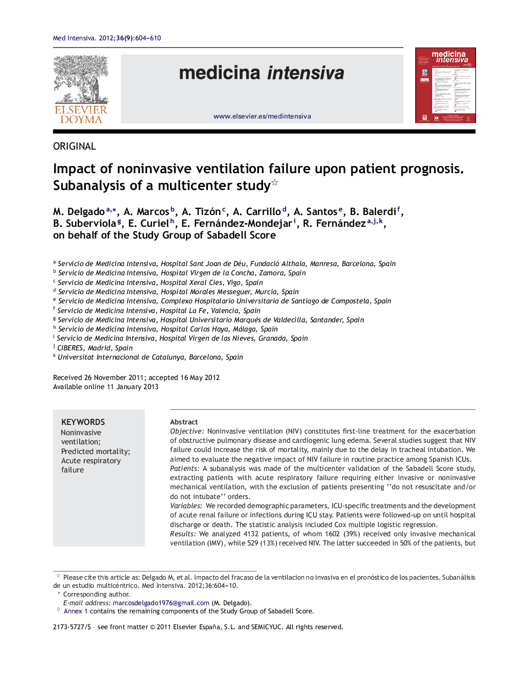 Impact of noninvasive ventilation failure upon patient prognosis. Subanalysis of a multicenter study