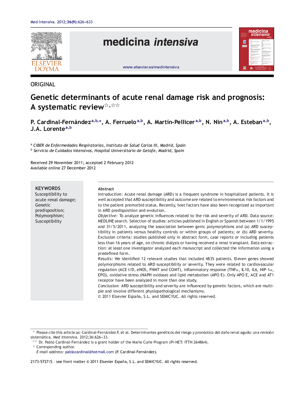 Genetic determinants of acute renal damage risk and prognosis: A systematic review 