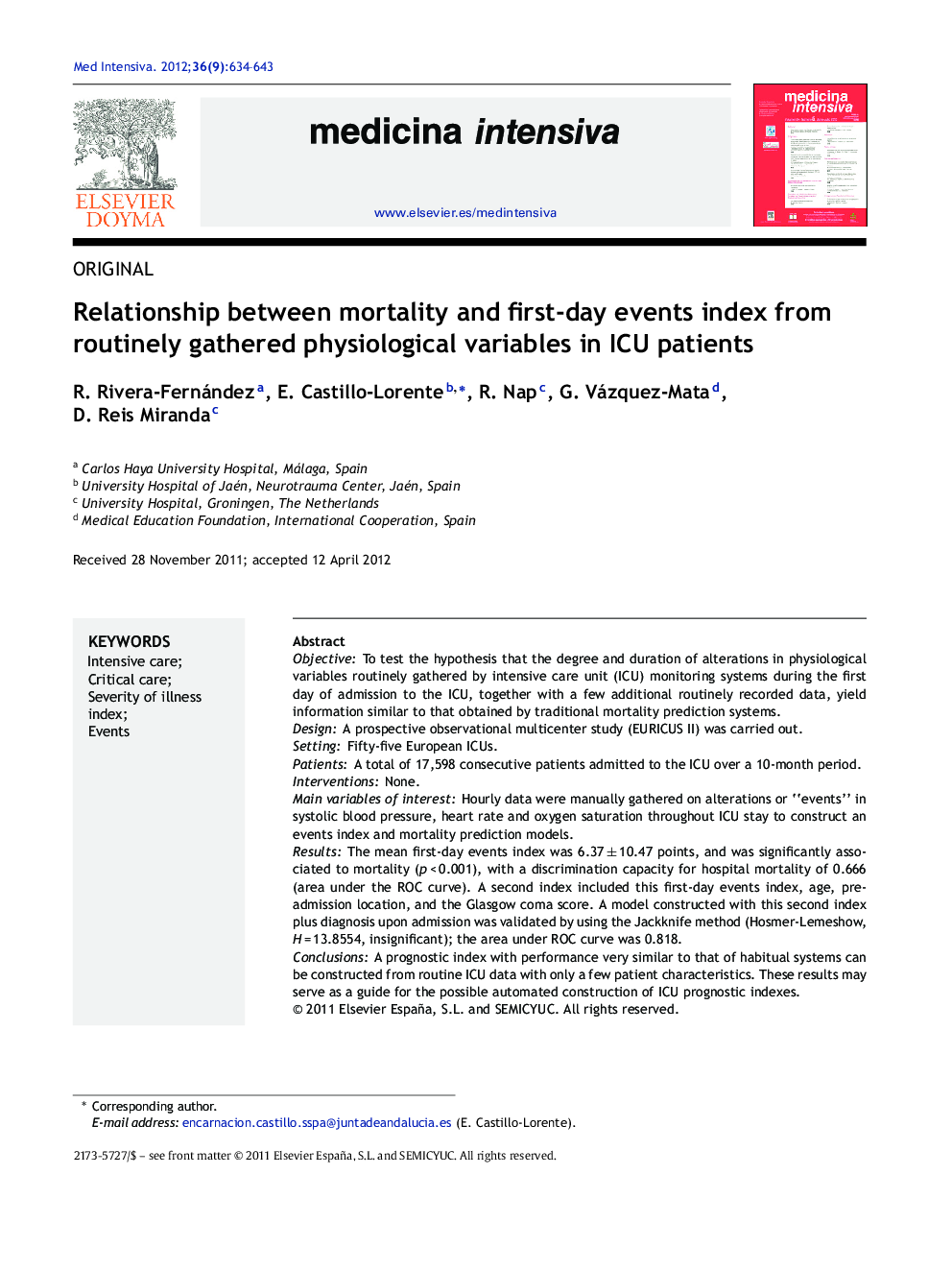 Relationship between mortality and first-day events index from routinely gathered physiological variables in ICU patients