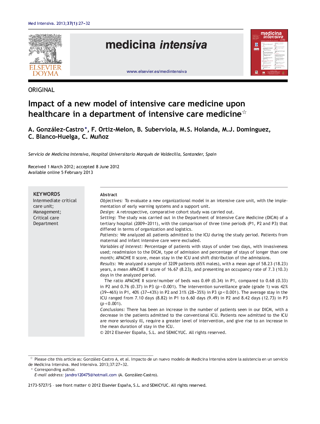 Impact of a new model of intensive care medicine upon healthcare in a department of intensive care medicine 