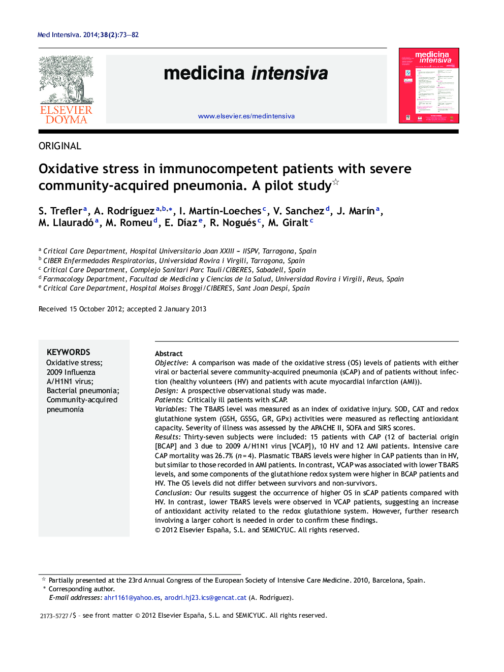 Oxidative stress in immunocompetent patients with severe community-acquired pneumonia. A pilot study 