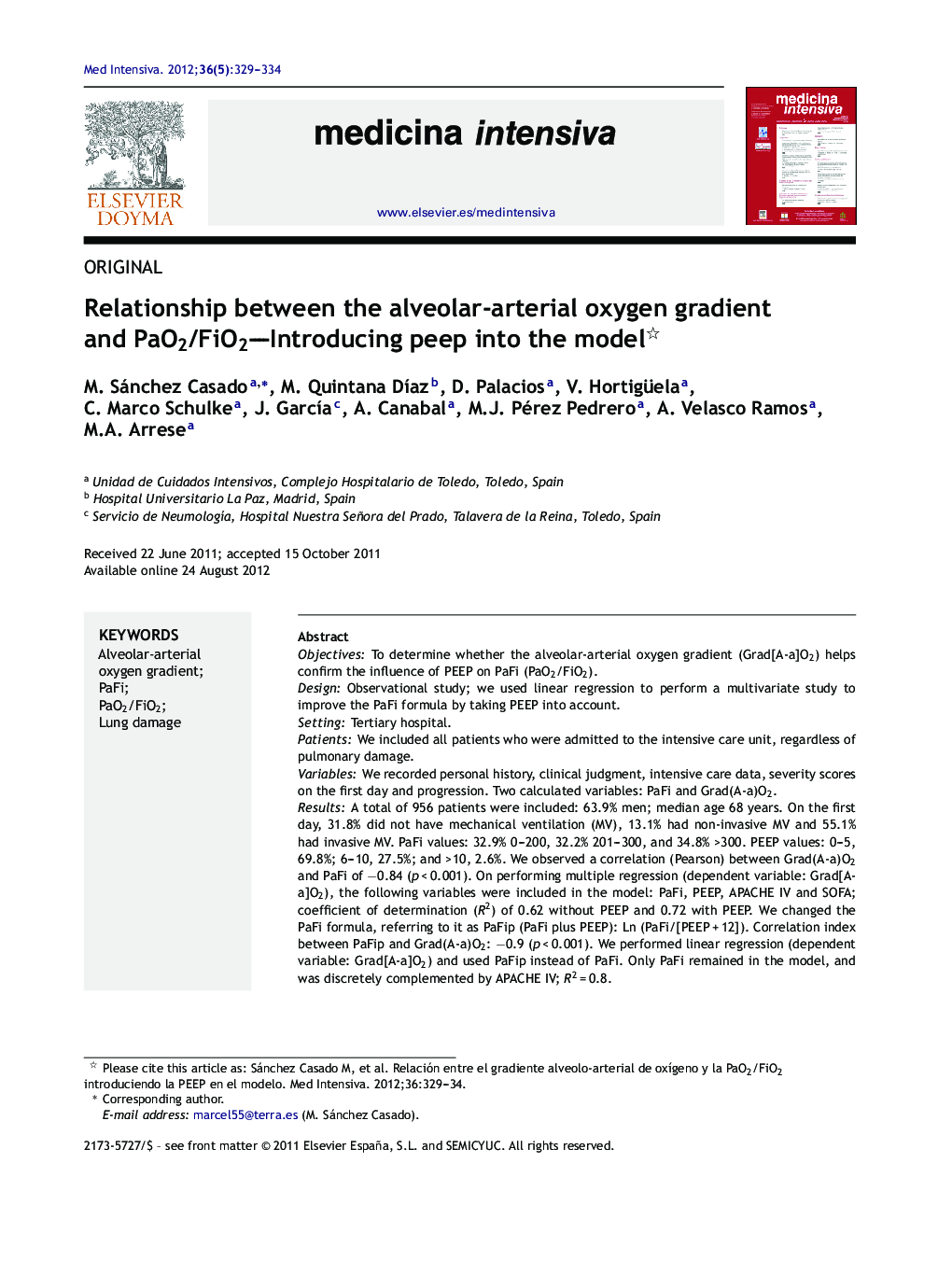 Relationship between the alveolar-arterial oxygen gradient and PaO2/FiO2—Introducing peep into the model 