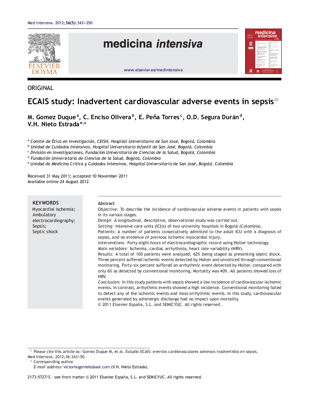 ECAIS study: Inadvertent cardiovascular adverse events in sepsis