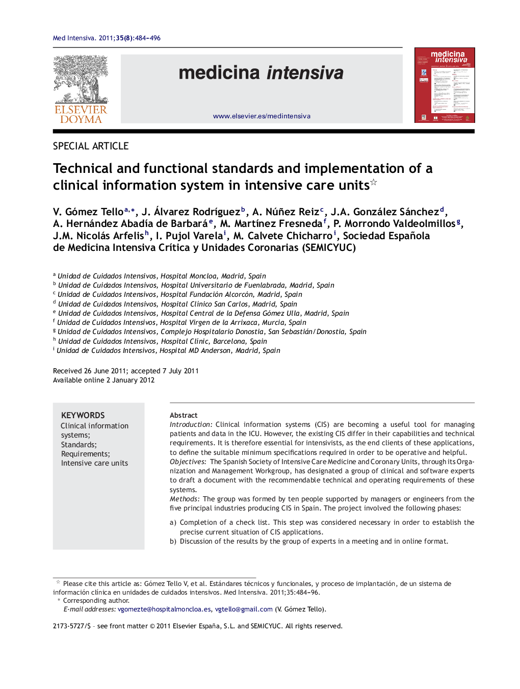 Technical and functional standards and implementation of a clinical information system in intensive care units 