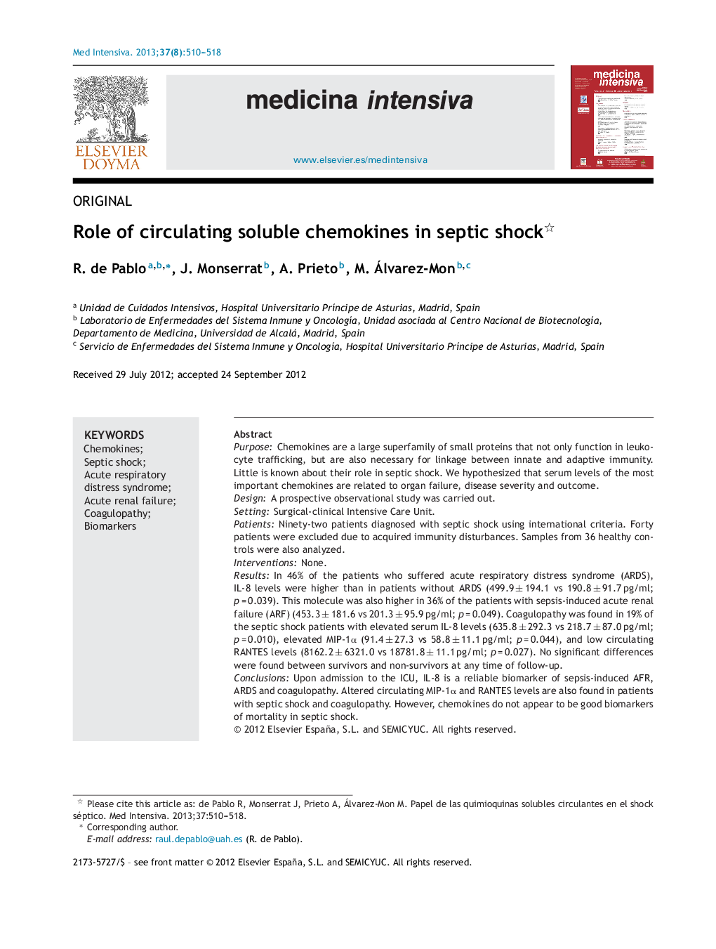 Role of circulating soluble chemokines in septic shock 