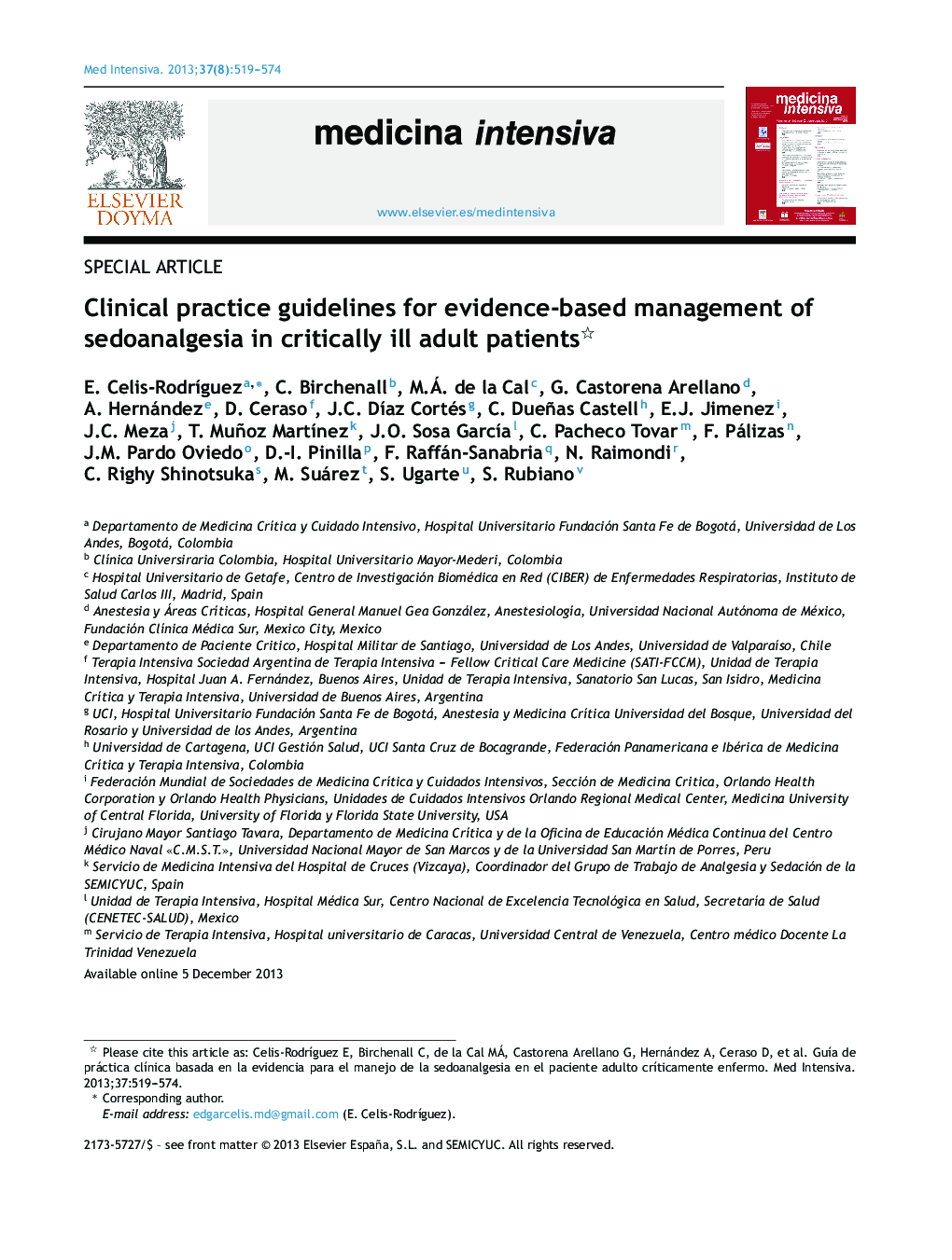 Clinical practice guidelines for evidence-based management of sedoanalgesia in critically ill adult patients 