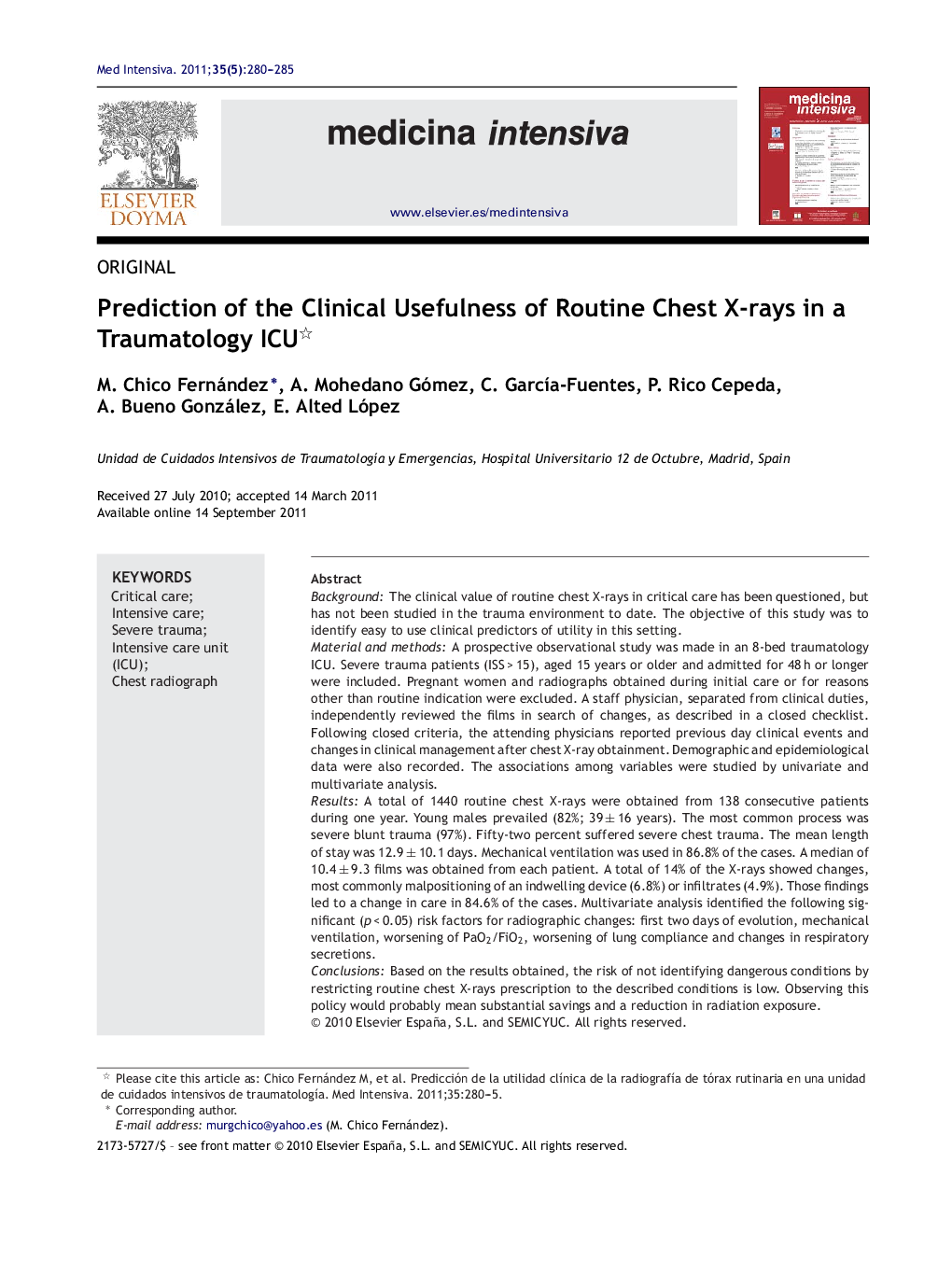 Prediction of the Clinical Usefulness of Routine Chest X-rays in a Traumatology ICU 