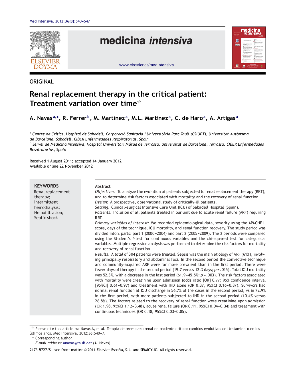 Renal replacement therapy in the critical patient: Treatment variation over time 