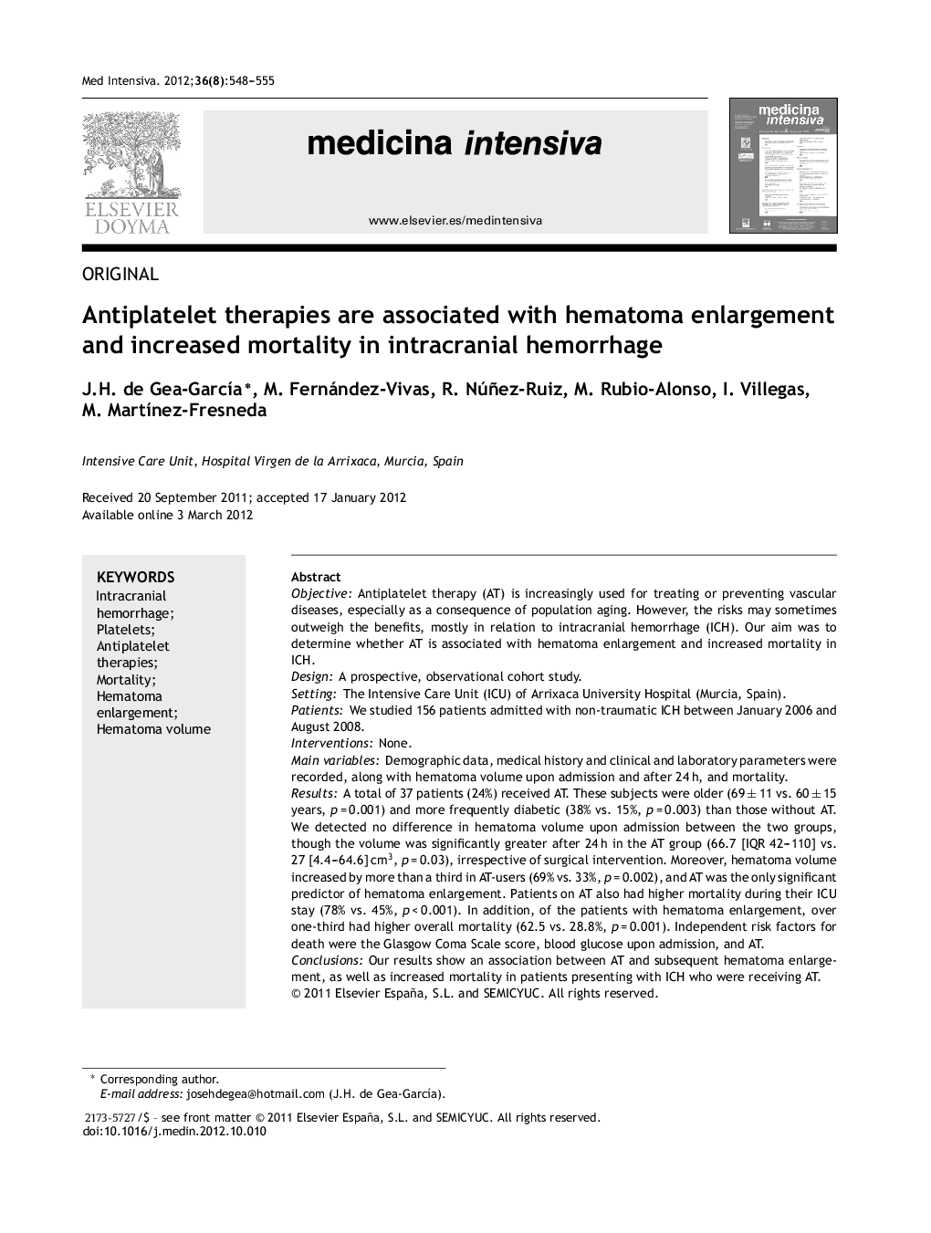 Antiplatelet therapies are associated with hematoma enlargement and increased mortality in intracranial hemorrhage