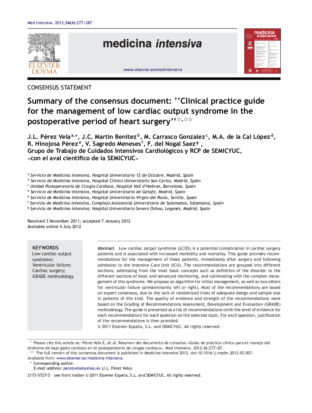 Summary of the consensus document: “Clinical practice guide for the management of low cardiac output syndrome in the postoperative period of heart surgery”