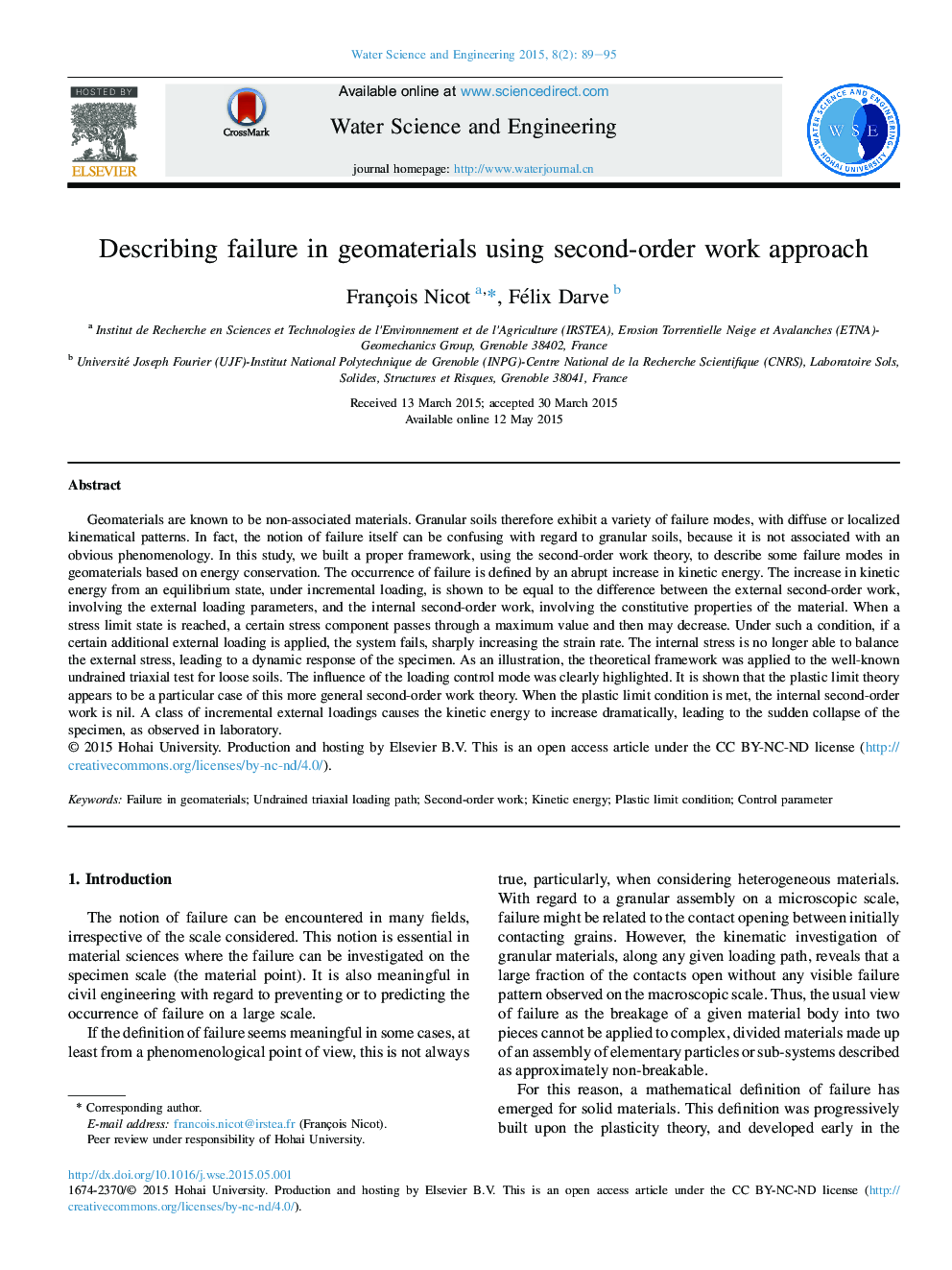 Describing failure in geomaterials using second-order work approach 