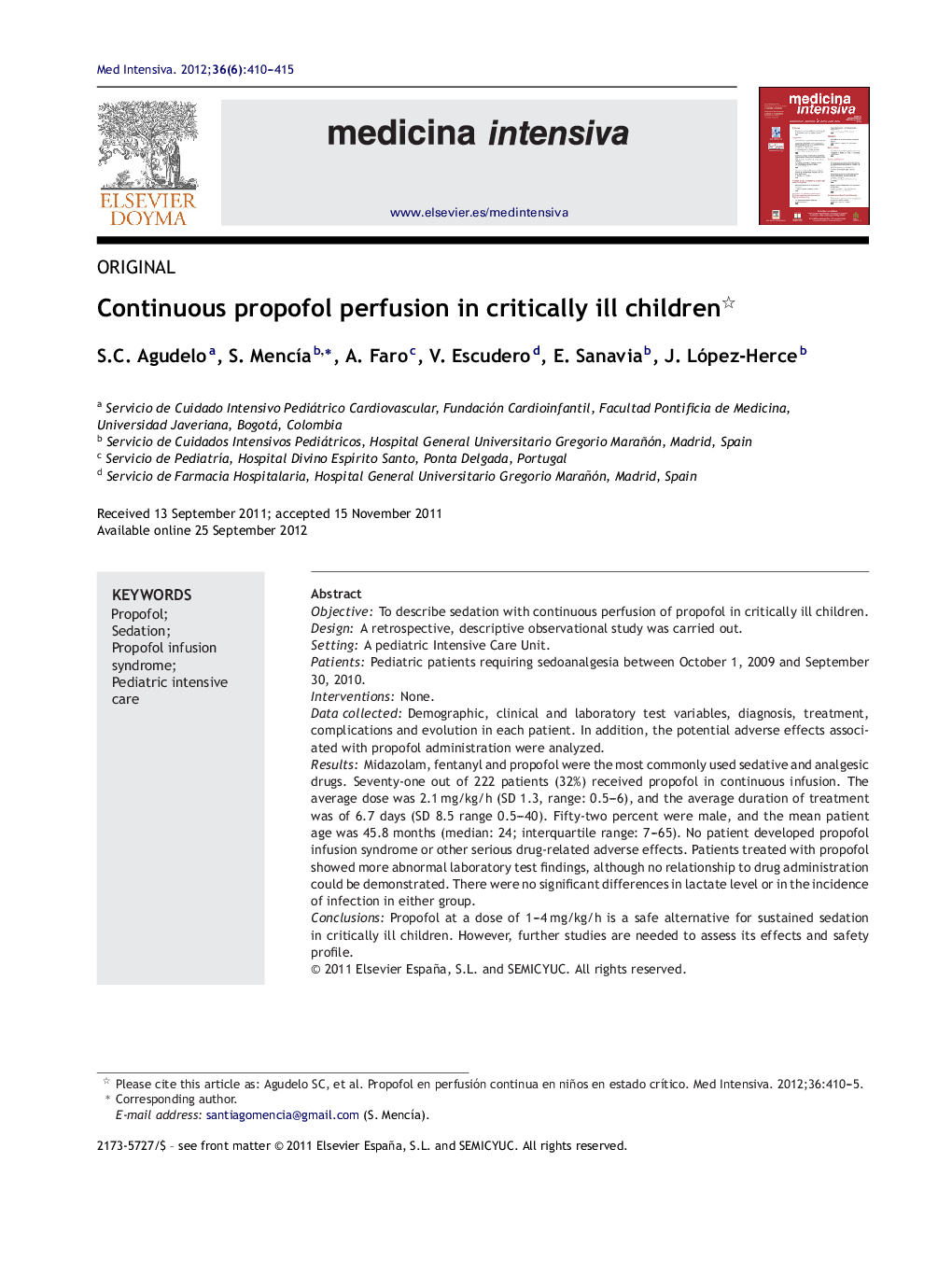 Continuous propofol perfusion in critically ill children 