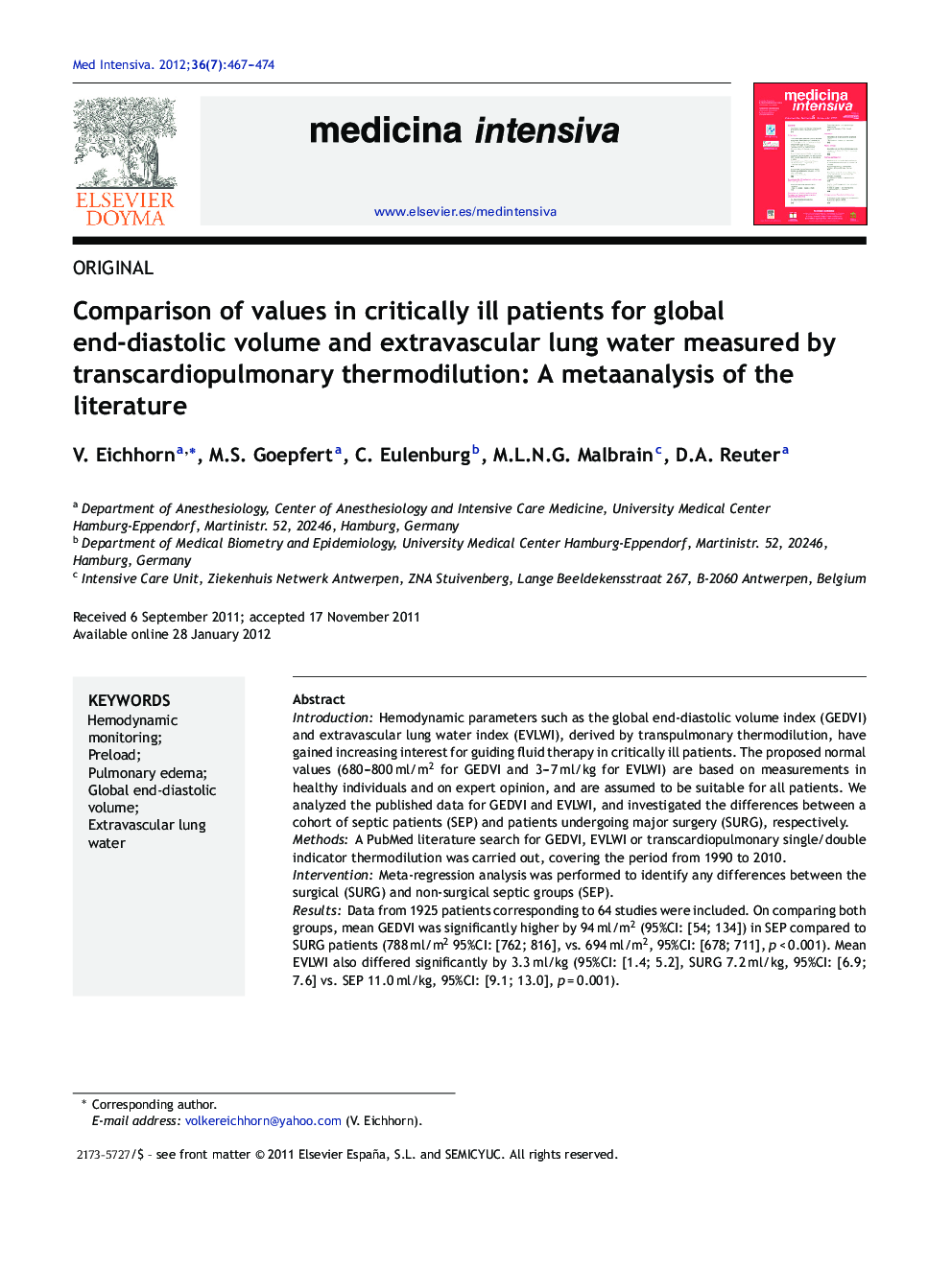Comparison of values in critically ill patients for global end-diastolic volume and extravascular lung water measured by transcardiopulmonary thermodilution: A metaanalysis of the literature
