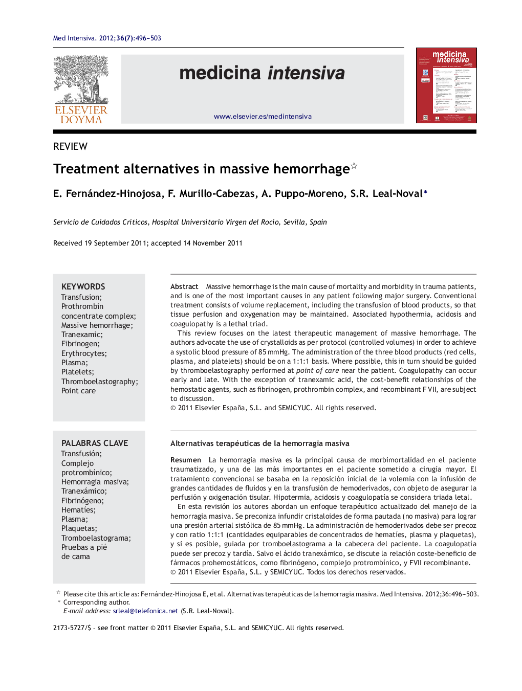 Treatment alternatives in massive hemorrhage 