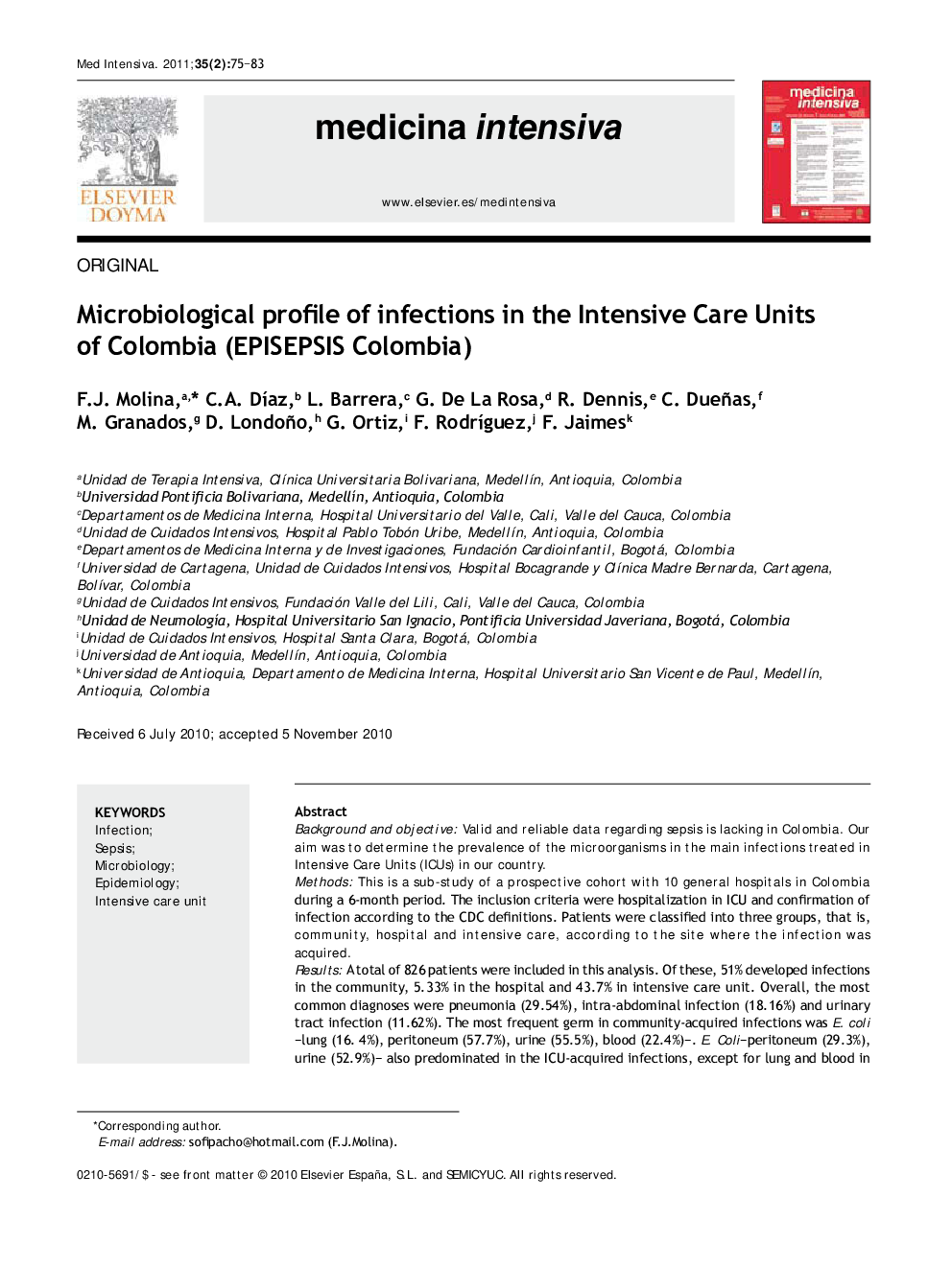 Microbiological profile of infections in the Intensive Care Units of Colombia (EPISEPSIS Colombia)