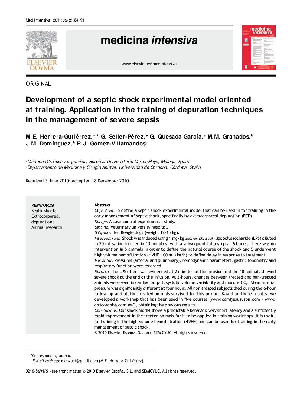 Development of a septic shock experimental model oriented at training. Application in the training of depuration techniques in the management of severe sepsis