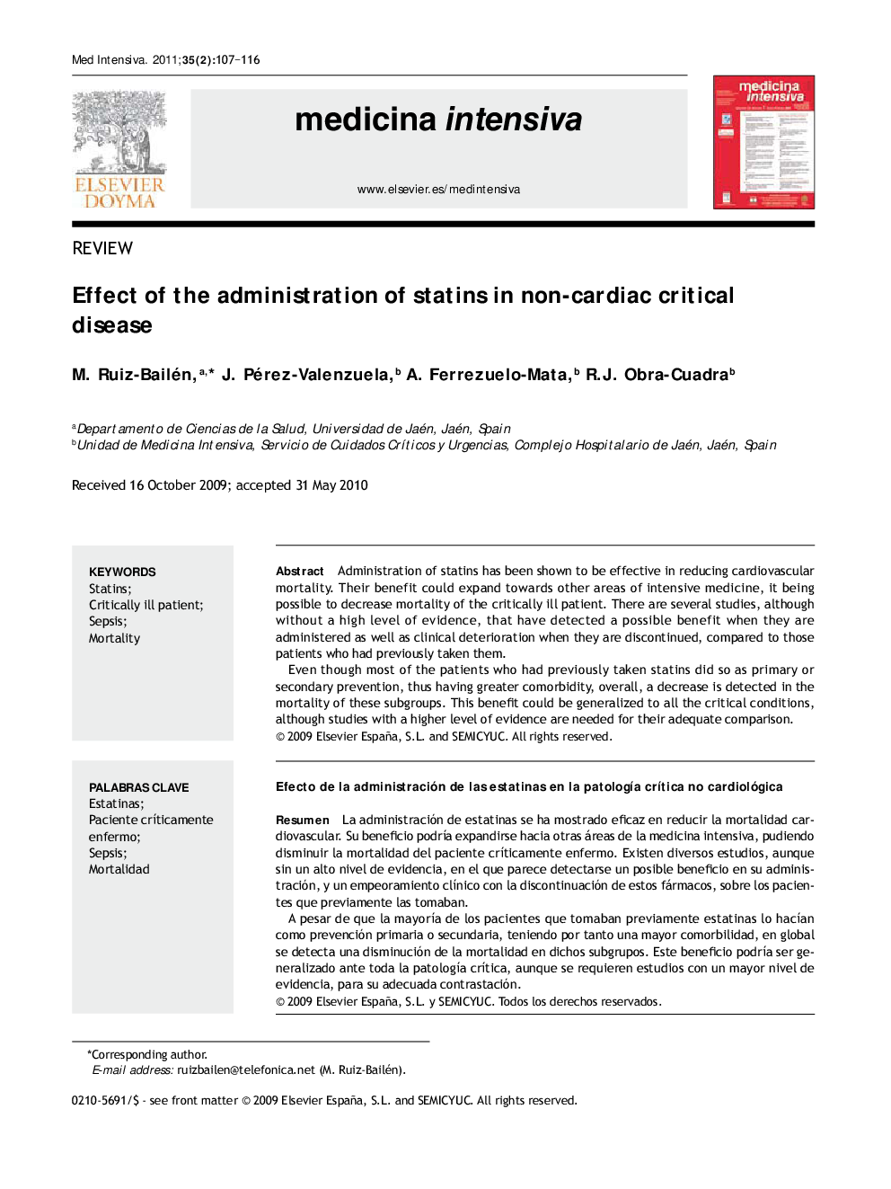 Effect of the administration of statins in non-cardiac critical disease