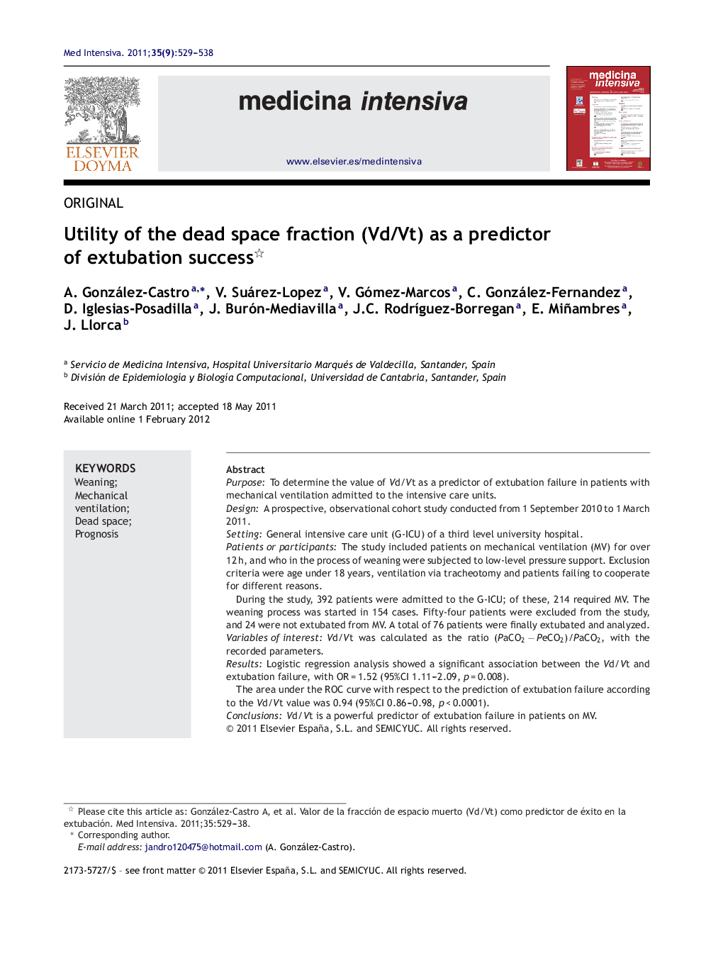 Utility of the dead space fraction (Vd/Vt) as a predictor of extubation success 