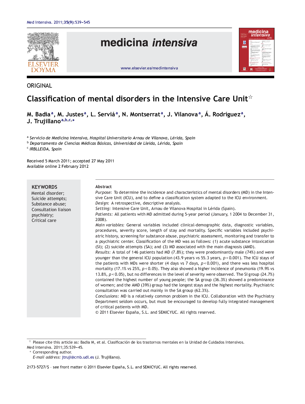 Classification of mental disorders in the Intensive Care Unit 