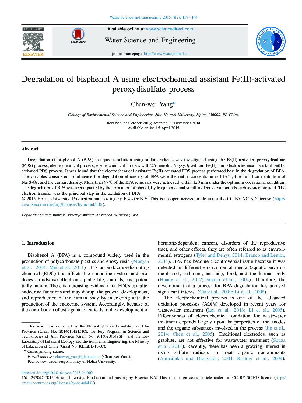 Degradation of bisphenol A using electrochemical assistant Fe(II)-activated peroxydisulfate process 