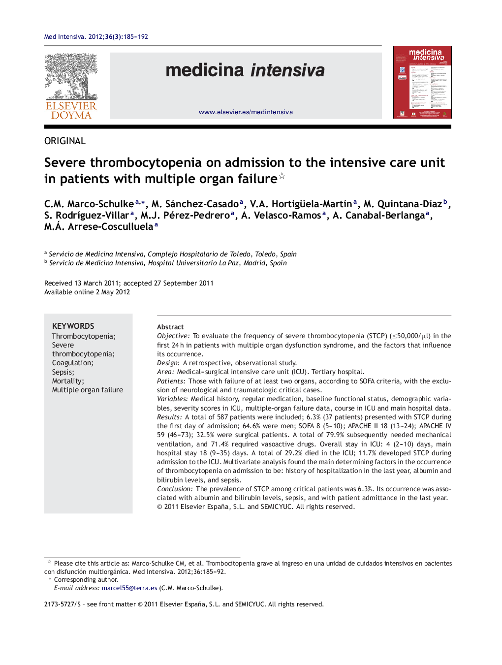 Severe thrombocytopenia on admission to the intensive care unit in patients with multiple organ failure 