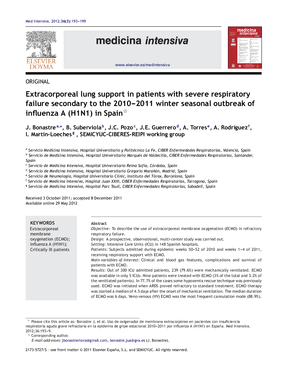 Extracorporeal lung support in patients with severe respiratory failure secondary to the 2010–2011 winter seasonal outbreak of influenza A (H1N1) in Spain 