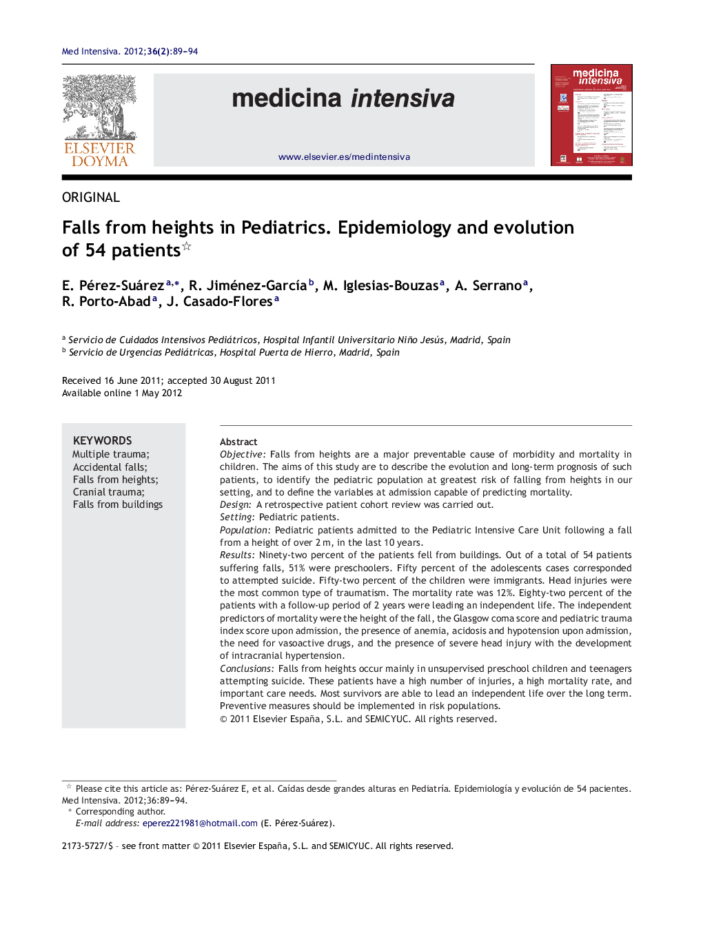 Falls from heights in Pediatrics. Epidemiology and evolution of 54 patients 