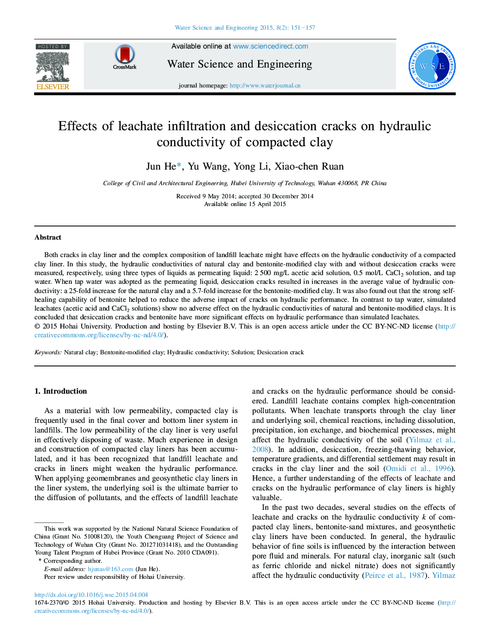 Effects of leachate infiltration and desiccation cracks on hydraulic conductivity of compacted clay 