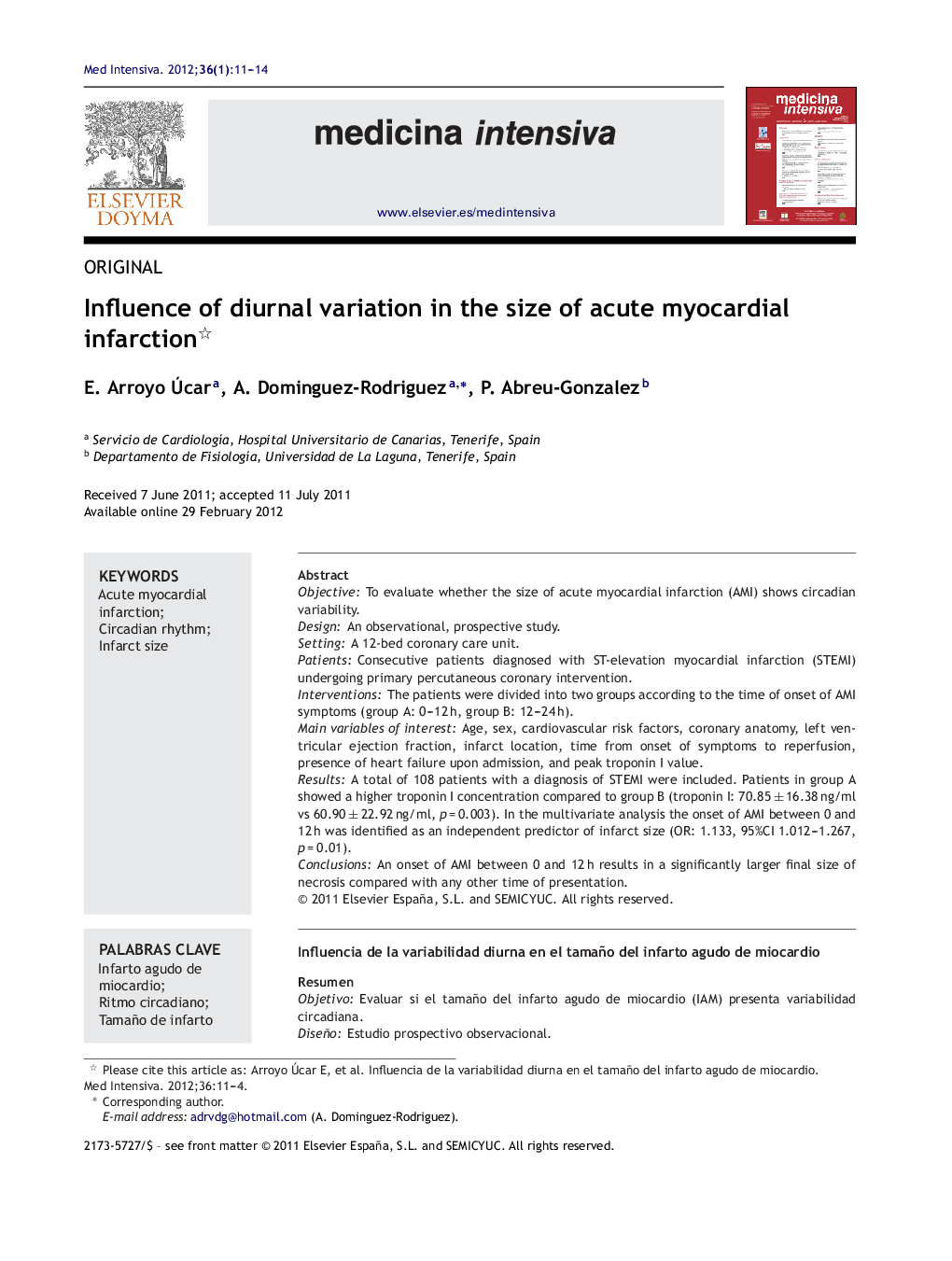 Influence of diurnal variation in the size of acute myocardial infarction 