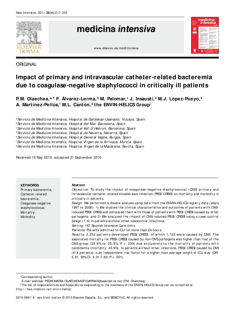Impact of primary and intravascular catheter-related bacteremia due to coagulase-negative staphylococci in critically ill patients