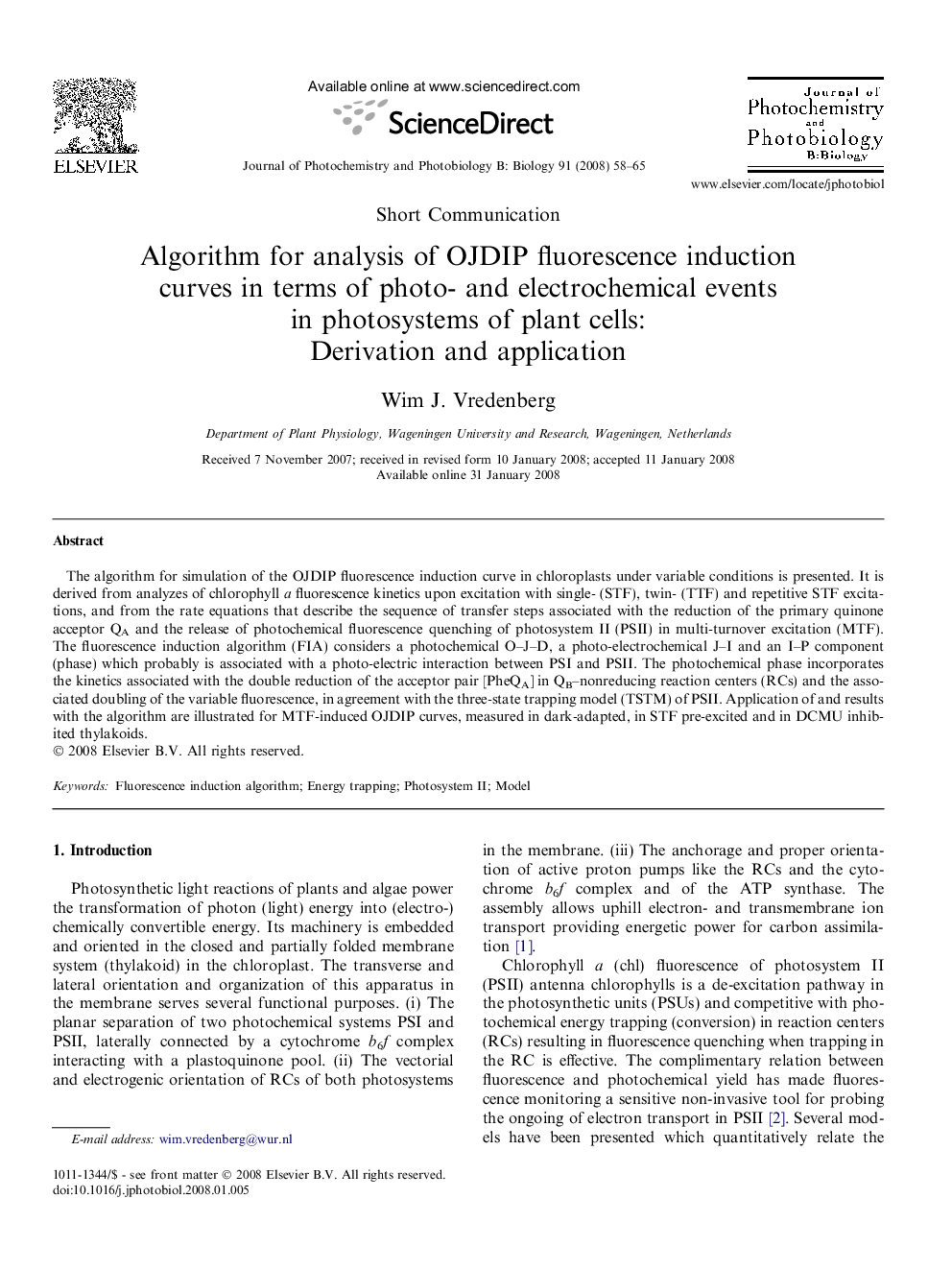 Algorithm for analysis of OJDIP fluorescence induction curves in terms of photo- and electrochemical events in photosystems of plant cells:: Derivation and application