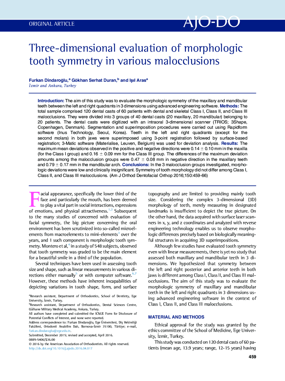 Three-dimensional evaluation of morphologic tooth symmetry in various malocclusions 