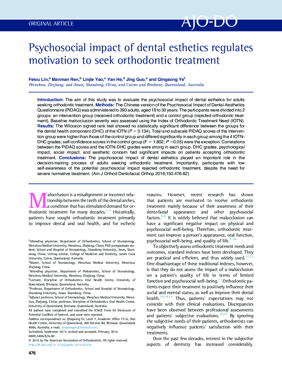 Psychosocial impact of dental esthetics regulates motivation to seek orthodontic treatment 