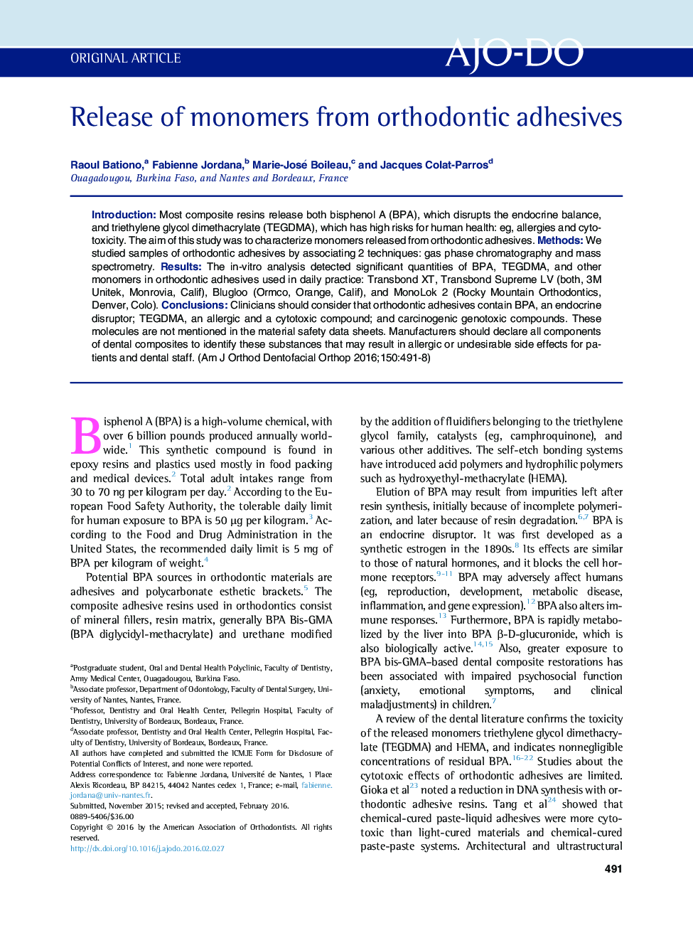 Release of monomers from orthodontic adhesives 