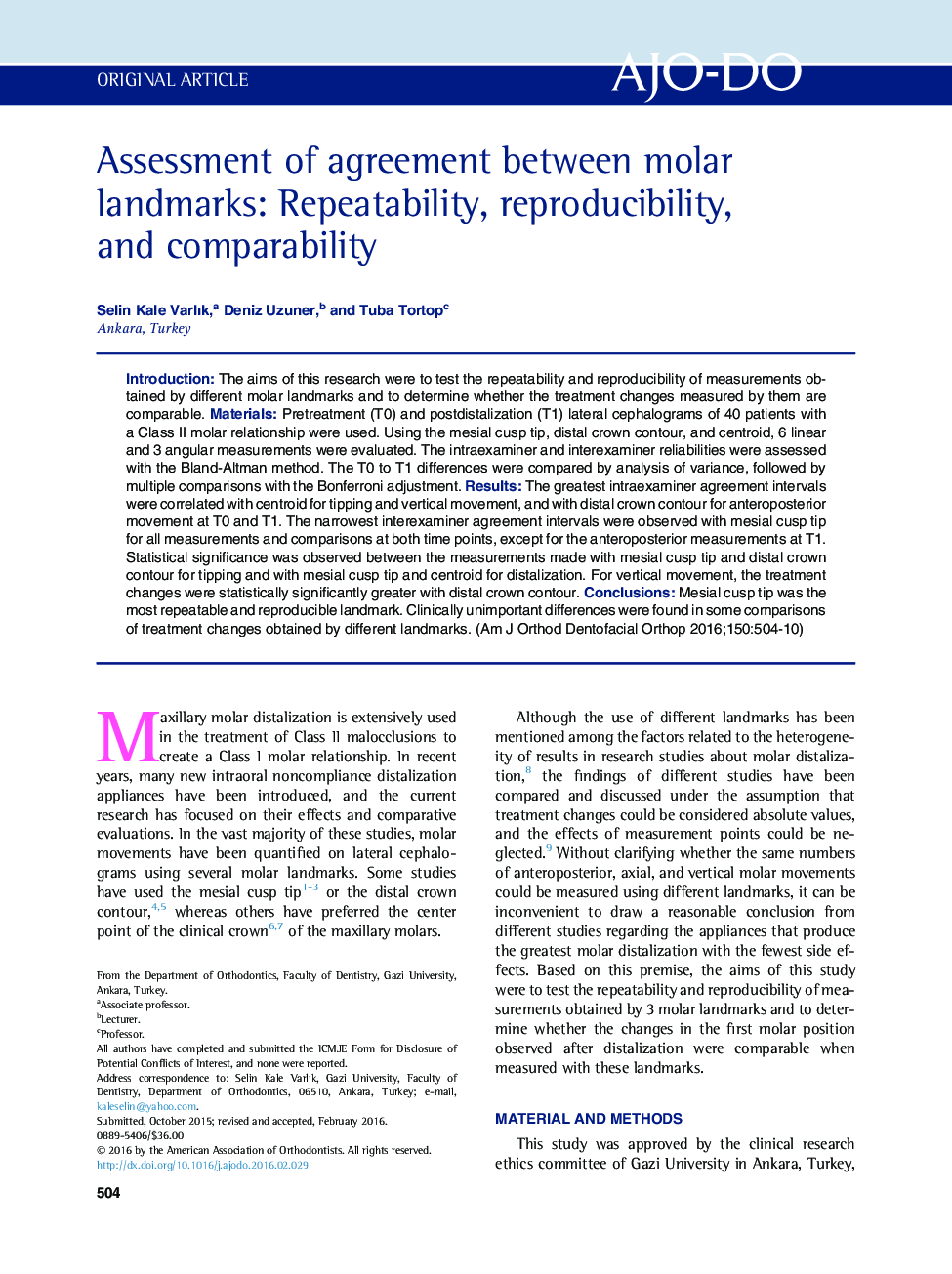 Assessment of agreement between molar landmarks: Repeatability, reproducibility, and comparability 